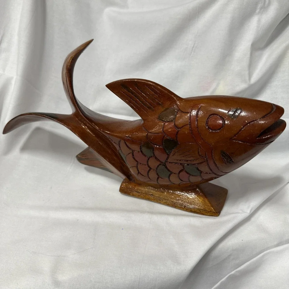 Hand‎ Carved Wooden Fish from Haiti Detailed Tri-Tone Color Wood Decor